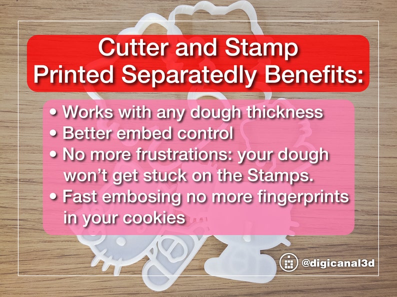 Puede incluir: Cortadores y sellos de galletas de pl&aacute;stico blanco en forma de personajes de dibujos animados. El texto de la imagen dice "Cutter and Stamp Printed Separatedly Benefits: Works with any dough thickness, Better embed control, No more frustrations: your dough won't get stuck on the Stamps. Fast embossing no more fingerprints in your cookies @digicanal3d"