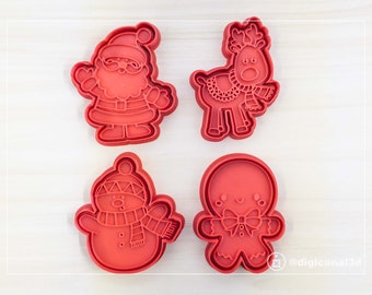 Cute Christmas Cookie Cutter Set . Santa Claus, Reindeer, Snowman, Gingerbread man . Highly detailed Stamps with ergonomic handles in red.