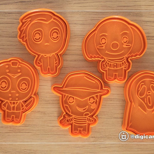 Halloween Cookie Cutters set 5 Cute Horror Movies Characters 3D Printed in Orange. Detailed Stamps . Ghostface, it, Jason, Freddy Krueger