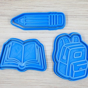Back to School Cookie Cutter Set and Stamps . Book Pencil Backpack . 3 pieces set . Fondant Polymer Clay Play Doh compatible  Sturdy walls