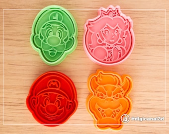Super Mario Bros Cookie Cutter Set with handle. Includes Luigi, Princess Peach, Bowser. Works for Fondant, Cupcake toppers and Polymer Clay.