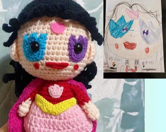 Personalized Kids Drawing Photo Amigurumi Knitted Crochet Dolls 20cm | Handmade Character Pet | Stuffed Custom Plushies | Love Craft Gift