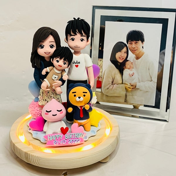 Handmade Custom Clay Figure Mothers Day Gift Family Group Stand Base Glass Cover | Customized Chibi Miniatures | Birthday Cake Topper