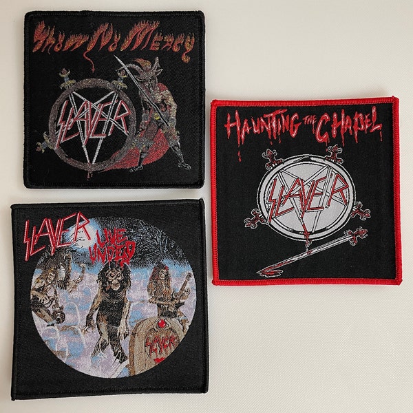 Slayer band Patches Set of 3 woven sew on patch for Battle Vest or Jacket Thrash Metal Birthday Gift for Heavy Metal music lover Metallica