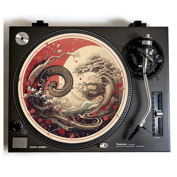 Japanese Kanagawa Wave Turntable Slipmat for Vinyl records, custom slip mat, hip hop unique birthday gift for Music lover, AI woodcut art DJ