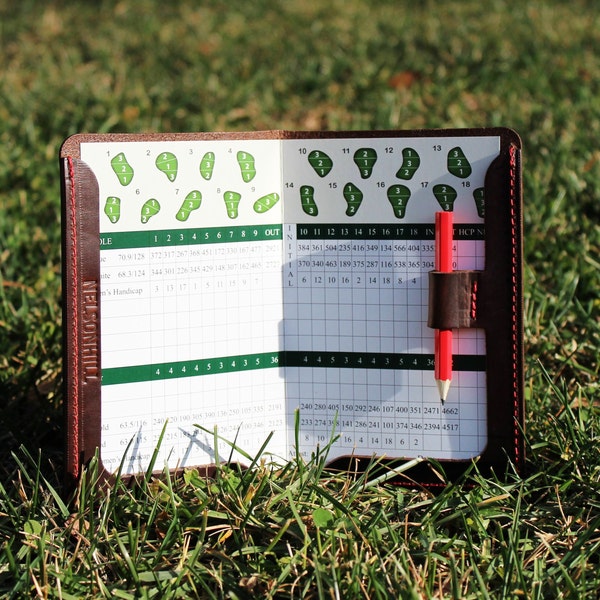 Porte-cartes de score de golf en cuir | Cadeau de golf personnalisé | Couverture de livre personnalisée | Cuir pleine fleur Horween | Fait main aux Etats-Unis