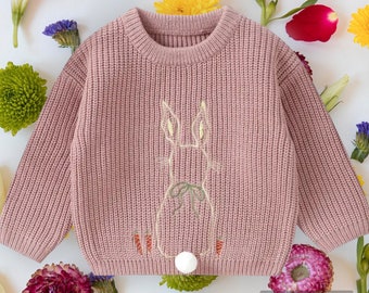 Personalised Easter bunny baby/children’s knitted jumper. Any name to be personalised onto the back of the knit