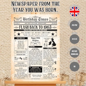 Age 60 - British Version Newspaper Poster from the Year you were born, What happened in 1965 UK
