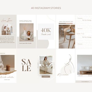 May include: A collection of Instagram story templates featuring minimalist design elements, including a candle, a woman in a white outfit, a chair, and text that says "40K Thank you!" and "Sale".