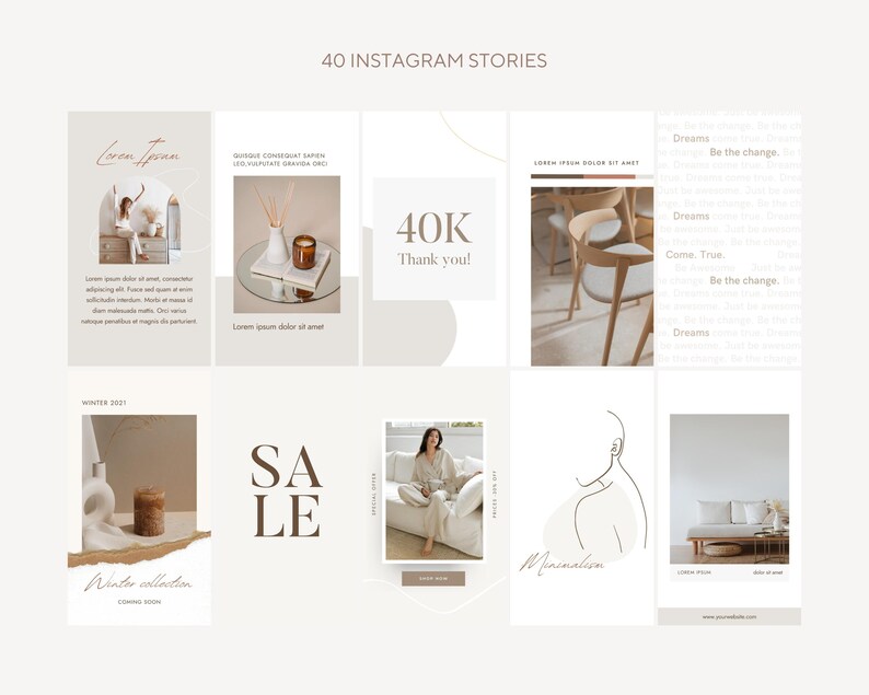 May include: A collection of Instagram story templates featuring minimalist design elements, including a candle, a woman in a white outfit, a chair, and text that says "40K Thank you!" and "Sale".