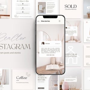 以下が含まれることがあります： 不動産業者向けのInstagram投稿とストーリーテンプレートのコレクションです。テンプレートは、白、ベージュ、薄い茶色のニュートラルなカラーパレットで、ミニマルな美学を特徴としています。テキストには、「落ち着いて、私にあなたの家をリストアップさせてください」、「知るべきこと」、「毎日のコーヒー」などのフレーズが含まれています。