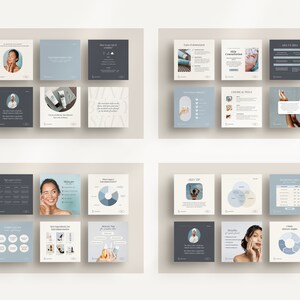 May include: A collection of square social media posts with a skincare theme. The posts feature images of people, product shots, charts, and text. The color palette includes shades of blue, gray, and white, creating a clean and modern aesthetic.