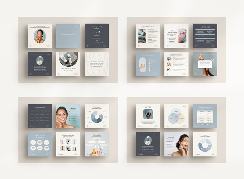 May include: A collection of square social media posts with a skincare theme. The posts feature images of people, product shots, charts, and text. The color palette includes shades of blue, gray, and white, creating a clean and modern aesthetic.