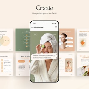 May include: A collage of nine Instagram story templates with a light green, light brown, and white color scheme. The templates feature text about self-care, wellness, and holistic health. The central image shows a woman with a cucumber on her eye, wearing a white robe and towel.
