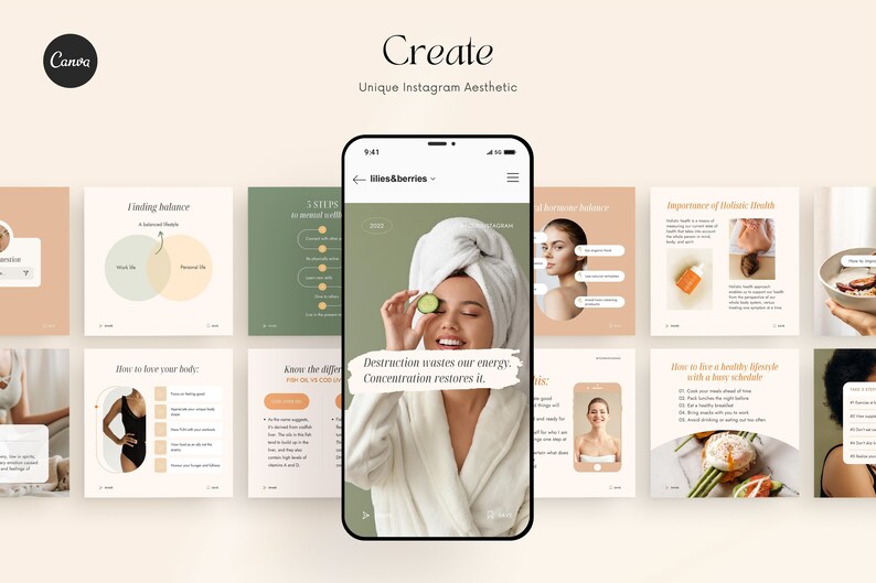 May include: A collage of nine Instagram story templates with a light green, light brown, and white color scheme. The templates feature text about self-care, wellness, and holistic health. The central image shows a woman with a cucumber on her eye, wearing a white robe and towel.