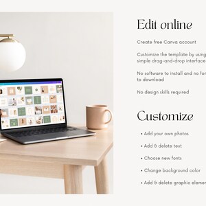 May include: A laptop computer displaying a Canva template with a variety of images and text. The text on the screen reads "Edit online" and "Customize". The laptop is on a wooden table with a cup and a lamp.