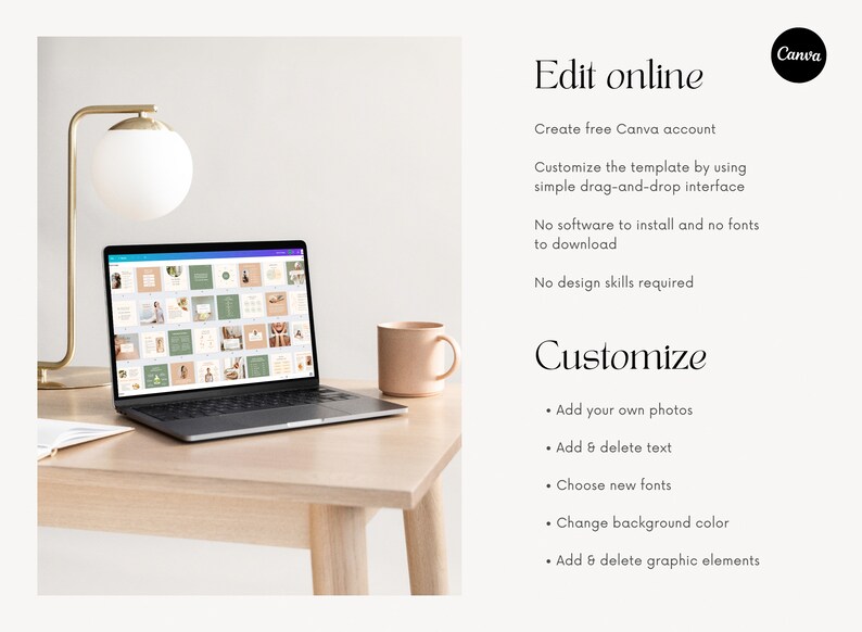 May include: A laptop computer displaying a Canva template with a variety of images and text. The text on the screen reads "Edit online" and "Customize". The laptop is on a wooden table with a cup and a lamp.