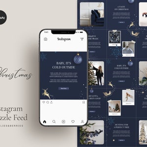 Christmas Instagram puzzle feed Holiday Instagram post XMAS puzzle template Navy blue Instagram layout Christmas social media templates