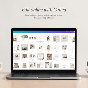 May include: A laptop computer displaying a Canva website with a grid of social media post templates. The templates feature a minimalist aesthetic with neutral colors and simple designs. The text "Edit online with Canva" and "Free and easy-to-use website with a simple drag-and-drop interface" is displayed at the top of the screen.