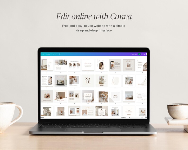 May include: A laptop computer displaying a Canva website with a grid of social media post templates. The templates feature a minimalist aesthetic with neutral colors and simple designs. The text "Edit online with Canva" and "Free and easy-to-use website with a simple drag-and-drop interface" is displayed at the top of the screen.