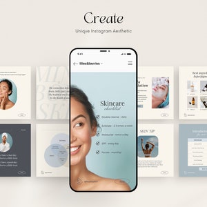 May include: A smartphone displays a skincare checklist with the text "Skincare checklist" and "Double Cleanse - daily". Surrounding the phone are various Instagram aesthetic posts with beauty tips and product information. The Canva logo is in the upper left.