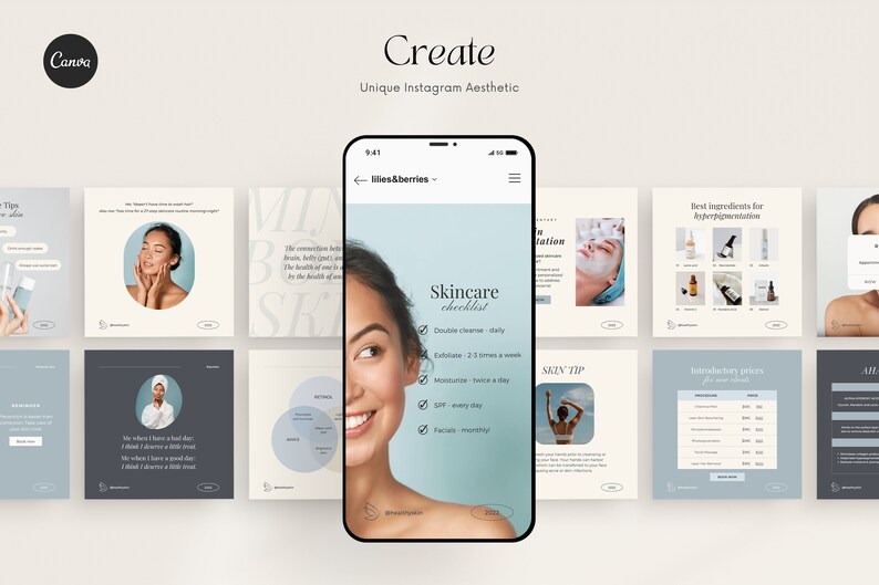 May include: A smartphone displays a skincare checklist with the text "Skincare checklist" and "Double Cleanse - daily". Surrounding the phone are various Instagram aesthetic posts with beauty tips and product information. The Canva logo is in the upper left.