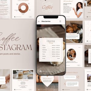 以下が含まれることがあります： コーヒーショップのInstagram投稿とストーリーのテンプレート集。テンプレートには、コーヒー飲料、ペストリー、コーヒー豆など、さまざまな画像が掲載されています。テンプレートのテキストには、コーヒーショップの名前、営業時間、地元のカフェインディーラーを支援するための行動喚起が含まれています。