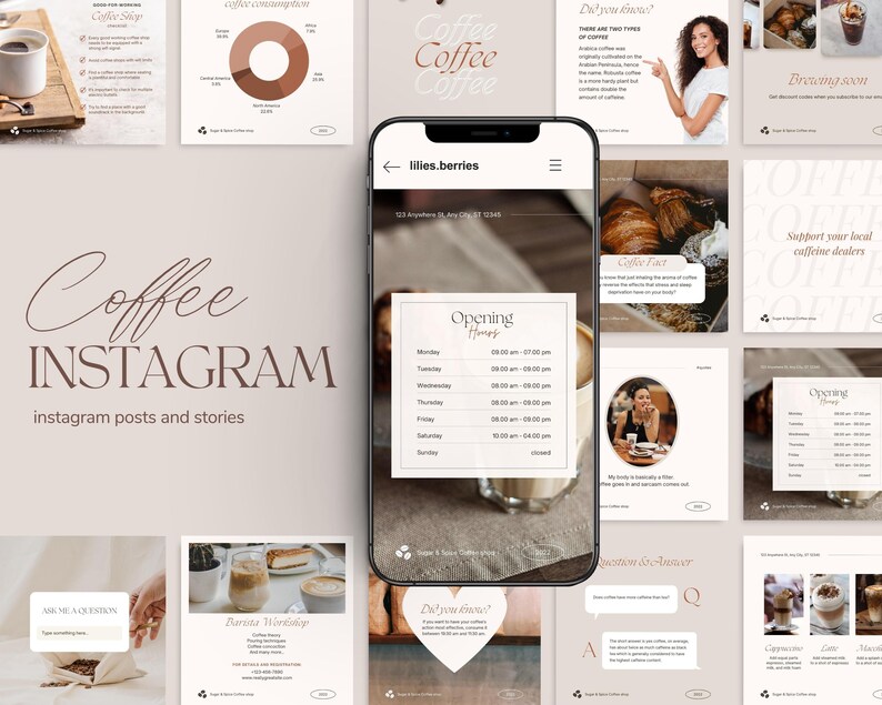以下が含まれることがあります： コーヒーショップのInstagram投稿とストーリーのテンプレート集。テンプレートには、コーヒー飲料、ペストリー、コーヒー豆など、さまざまな画像が掲載されています。テンプレートのテキストには、コーヒーショップの名前、営業時間、地元のカフェインディーラーを支援するための行動喚起が含まれています。