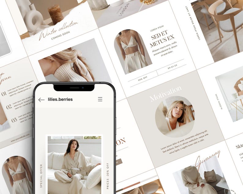May include: A phone screen displaying a website with the text "lilies.berries" and a photo of a person wearing a white outfit sitting on a white couch. The website also has the text "Special Offer" and "Prices -30% Off".