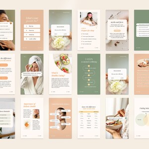 May include: A set of 10 digital wellness cards with a peach and green color scheme. The cards feature text and images related to topics such as sleep, healthy eating, and mental wellbeing.