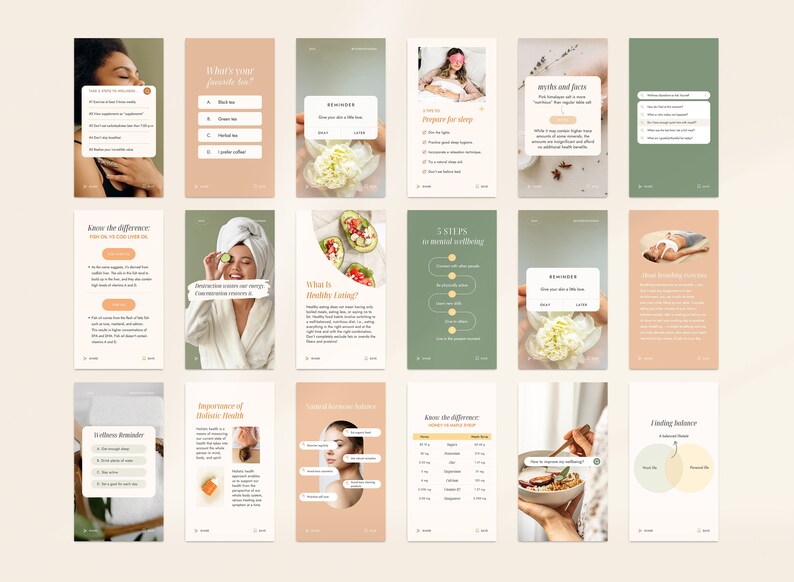 May include: A set of 10 digital wellness cards with a peach and green color scheme. The cards feature text and images related to topics such as sleep, healthy eating, and mental wellbeing.
