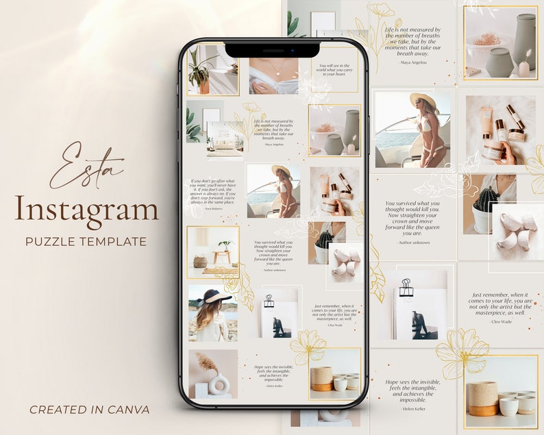 Modern Instagram puzzle feed template Gold instagram theme Floral canva template Instagram posts Social media kit Minimal Instagram layout 
