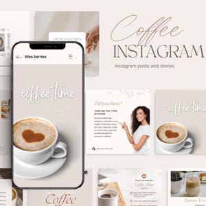 以下が含まれることがあります： コーヒーショップ用のInstagram投稿とストーリーのテンプレート集。テンプレートは薄い茶色の背景にコーヒーカップと白いフォントで「coffee time」の文字が書かれています。テンプレートには、さまざまな種類のコーヒーやバリスタワークショップに関するテキストも含まれています。