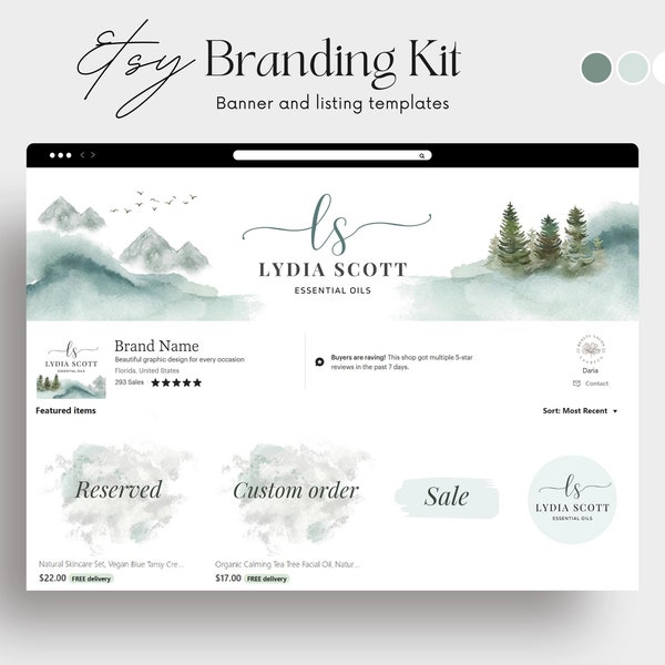 Nature Etsy branding kit Botanical etsy shop kit Green etsy banner template Forest Etsy cover Rustic Etsy shop logo design Forest Etsy logo