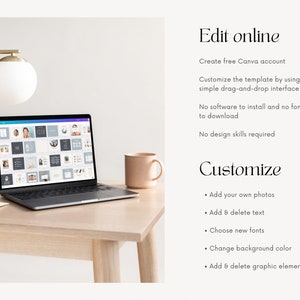 May include: A laptop displaying a Canva template on a light wooden desk, with a gold-toned lamp and a beige mug. Text on the right side reads "Edit online" and "Customize", with bullet points describing the customization options.