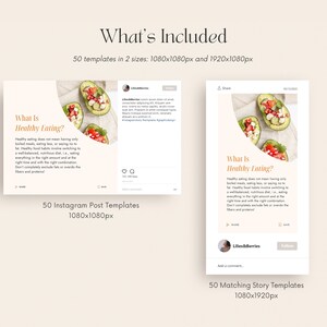 May include: A set of 50 Instagram post templates and 50 matching story templates for social media marketing. The templates feature a light background with a peach-colored circle and text that reads "What is Healthy Eating?" The templates include a photo of avocado halves filled with salad.