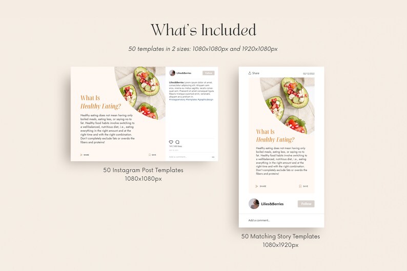 May include: A set of 50 Instagram post templates and 50 matching story templates for social media marketing. The templates feature a light background with a peach-colored circle and text that reads "What is Healthy Eating?" The templates include a photo of avocado halves filled with salad.