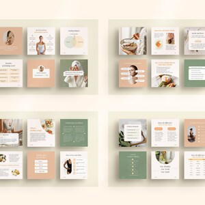 May include: A set of 12 social media graphics for a wellness brand. The graphics feature a variety of topics, including healthy eating, mindfulness, and self-care. The graphics are designed in a minimalist style with a neutral color palette of beige, green, and white.