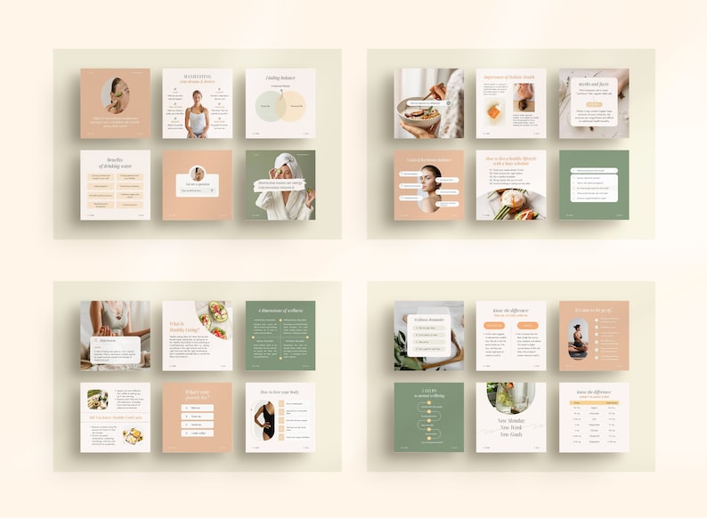 May include: A set of 12 social media graphics for a wellness brand. The graphics feature a variety of topics, including healthy eating, mindfulness, and self-care. The graphics are designed in a minimalist style with a neutral color palette of beige, green, and white.