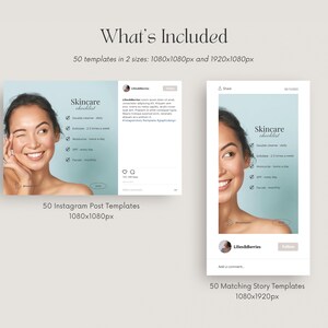 May include: Image of Instagram post and story templates for skincare. The templates include a skincare checklist with steps like double cleanse daily and exfoliate 2-3 times a week. The templates are in two sizes: 1080x1080px and 1920x1080px.