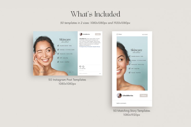 May include: Image of Instagram post and story templates for skincare. The templates include a skincare checklist with steps like double cleanse daily and exfoliate 2-3 times a week. The templates are in two sizes: 1080x1080px and 1920x1080px.