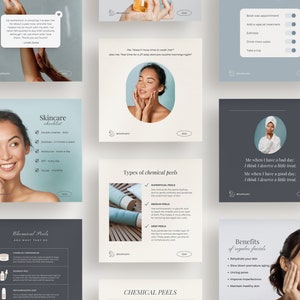 May include: A collection of social media posts with skincare tips and information. The posts feature images of women, product shots, and text-based graphics. Topics include skincare checklists, chemical peels, and the benefits of facials.