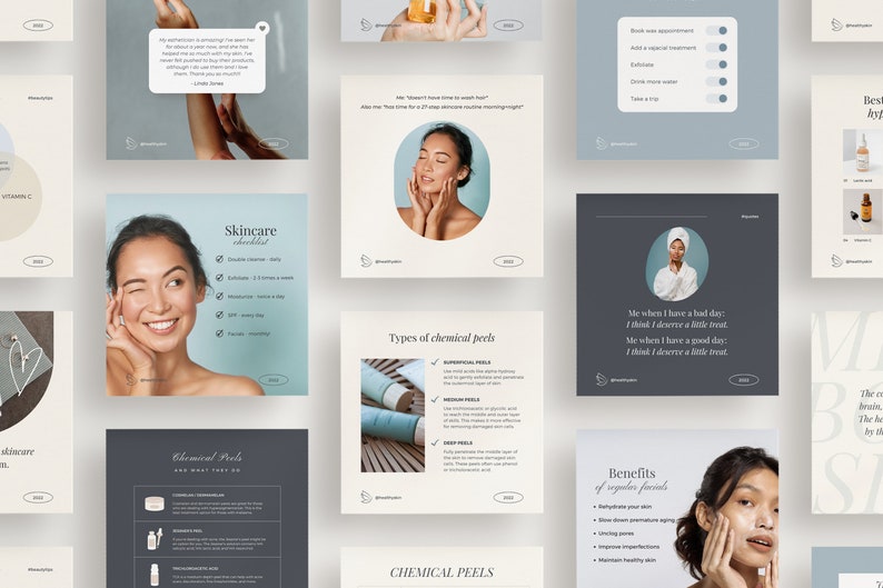 May include: A collection of social media posts with skincare tips and information. The posts feature images of women, product shots, and text-based graphics. Topics include skincare checklists, chemical peels, and the benefits of facials.