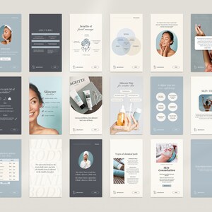 May include: A collection of skincare-themed social media posts. The posts feature text, graphics, and images related to skincare routines, facial massage, and product recommendations. The color palette is soft, with shades of blue, white, and beige.