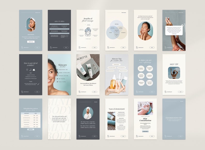 May include: A collection of skincare-themed social media posts. The posts feature text, graphics, and images related to skincare routines, facial massage, and product recommendations. The color palette is soft, with shades of blue, white, and beige.