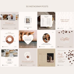 以下が含まれることがあります： コーヒーショップ向けのInstagram投稿テンプレートのコレクションです。テンプレートには、コーヒーカップ、コーヒー豆、コーヒーに関するテキストなど、さまざまなデザインが採用されています。「近日オープン」「世界のコーヒー消費量」「ご存知でしたか？」「バリスタワークショップ」「コーヒーがなかったら」「価格」「最高のコーヒー」「地元のカフェインディーラーを応援しましょう」などのフレーズが含まれています。