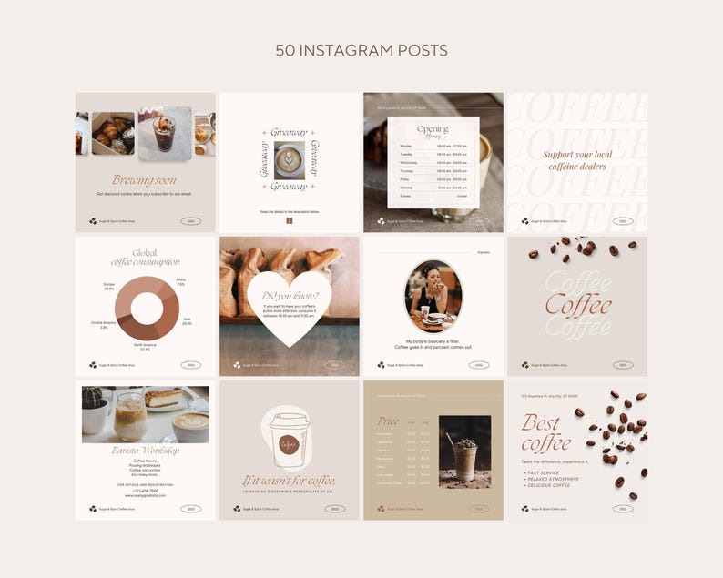 以下が含まれることがあります： コーヒーショップ向けのInstagram投稿テンプレートのコレクションです。テンプレートには、コーヒーカップ、コーヒー豆、コーヒーに関するテキストなど、さまざまなデザインが採用されています。「近日オープン」「世界のコーヒー消費量」「ご存知でしたか？」「バリスタワークショップ」「コーヒーがなかったら」「価格」「最高のコーヒー」「地元のカフェインディーラーを応援しましょう」などのフレーズが含まれています。