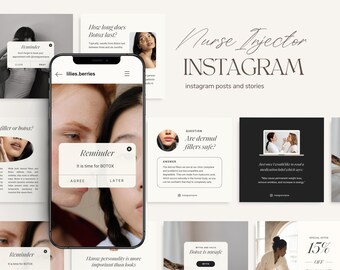 May include: A collage of Instagram posts and stories for a nurse injector. The posts feature images of women, text about Botox and dermal fillers, and a special offer for 15% off. The text on the posts includes questions like "How long does Botox last?" and "Are dermal fillers safe?" and reminders to book appointments for Botox.
