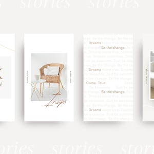 May include: Four Instagram story templates with a minimalist aesthetic. The first template features a light brown circle and the text "40K thank you!" The second template features a wicker chair with a white cushion and the text "Inspo". The third template features a white background with the text "Dreams come true. Be the change. Come. True. Be the change. Dreams come true. Be the change." The fourth template features a woman wearing a white robe sitting on a white couch with the text "Shop Now" and "Special Offer".