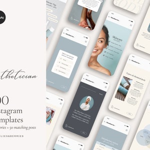 May include: A collection of Instagram templates for estheticians, featuring a variety of skincare tips and promotional content. The templates are displayed on multiple smartphone screens, with a soft, neutral color palette and the text "Esthetician" and "100 Instagram Templates".